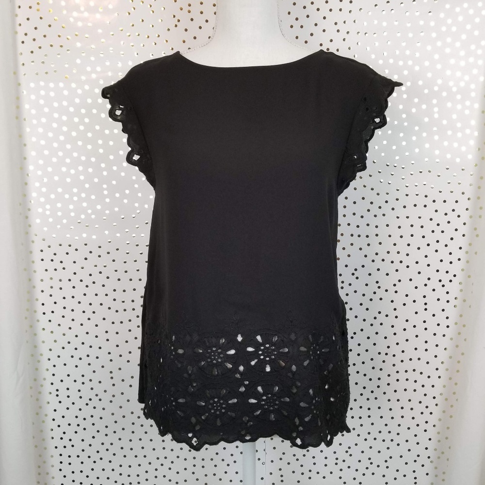 Loft | Black Eyelet Lace Top | Size Small